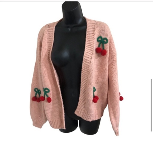 Luna Ivy cherry stem pompom detail open front slouchy‎ peach cardigan size M - Picture 1 of 11